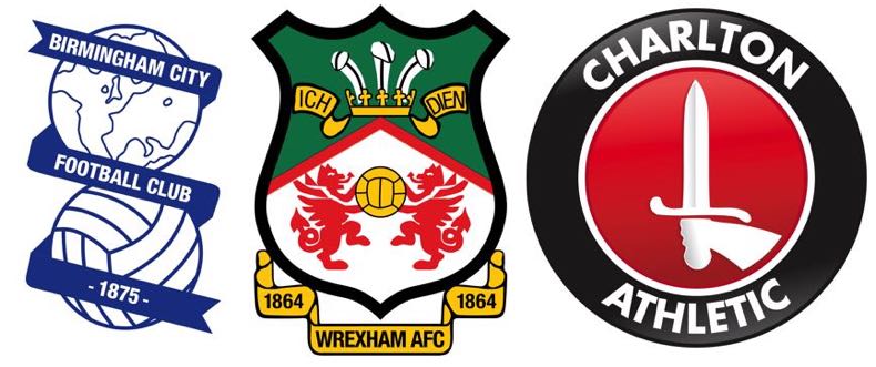 Birmingham, Wrexham, Charlton logos