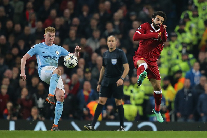 Kevin De Bruyne and Mohamed Salah during Champions League quarter final
