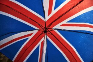 Union Jack umbrella in rain